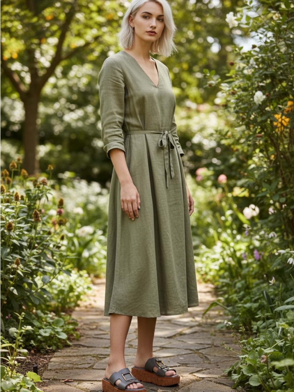 Franco Sarto Platform Slide Sandals Sz 8 Gray Leather Cork Sole 2” Heel Comfort - Picture 4 of 11